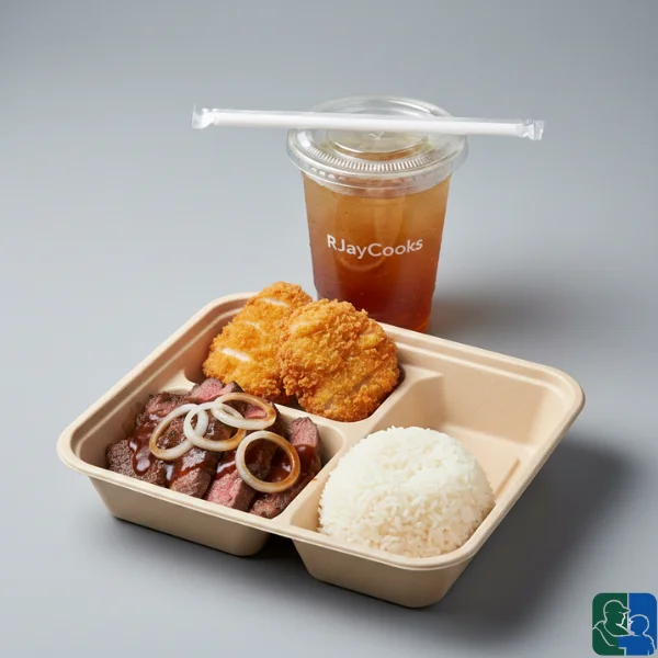 Beefsteak and Chicken cutlets with rice and drinks