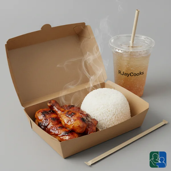 Chicken BBQ with Rice and Drinks