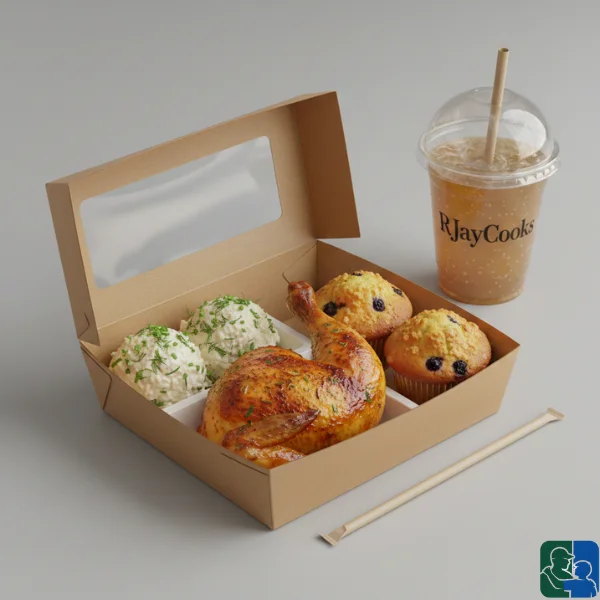 Quartered Cut Roasted Chicken with Muffins and Potato Salad